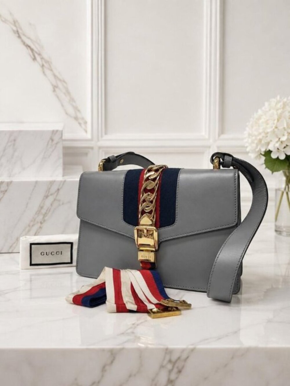 Authentic Gucci Sylvie Small Gray Leather Web Shoulder Bag